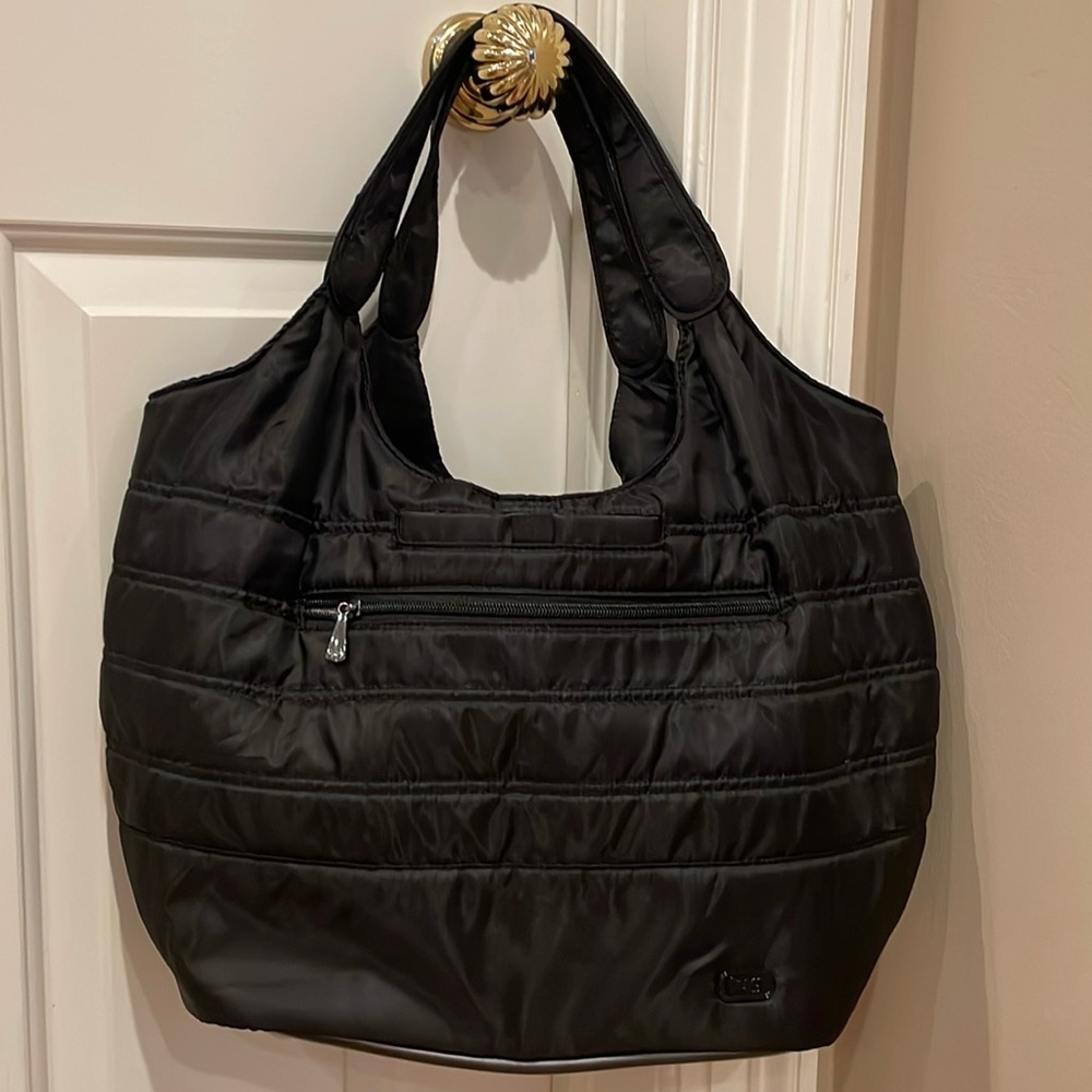 Lug Gondola black quilted tote bag many organized compartments silver hardware